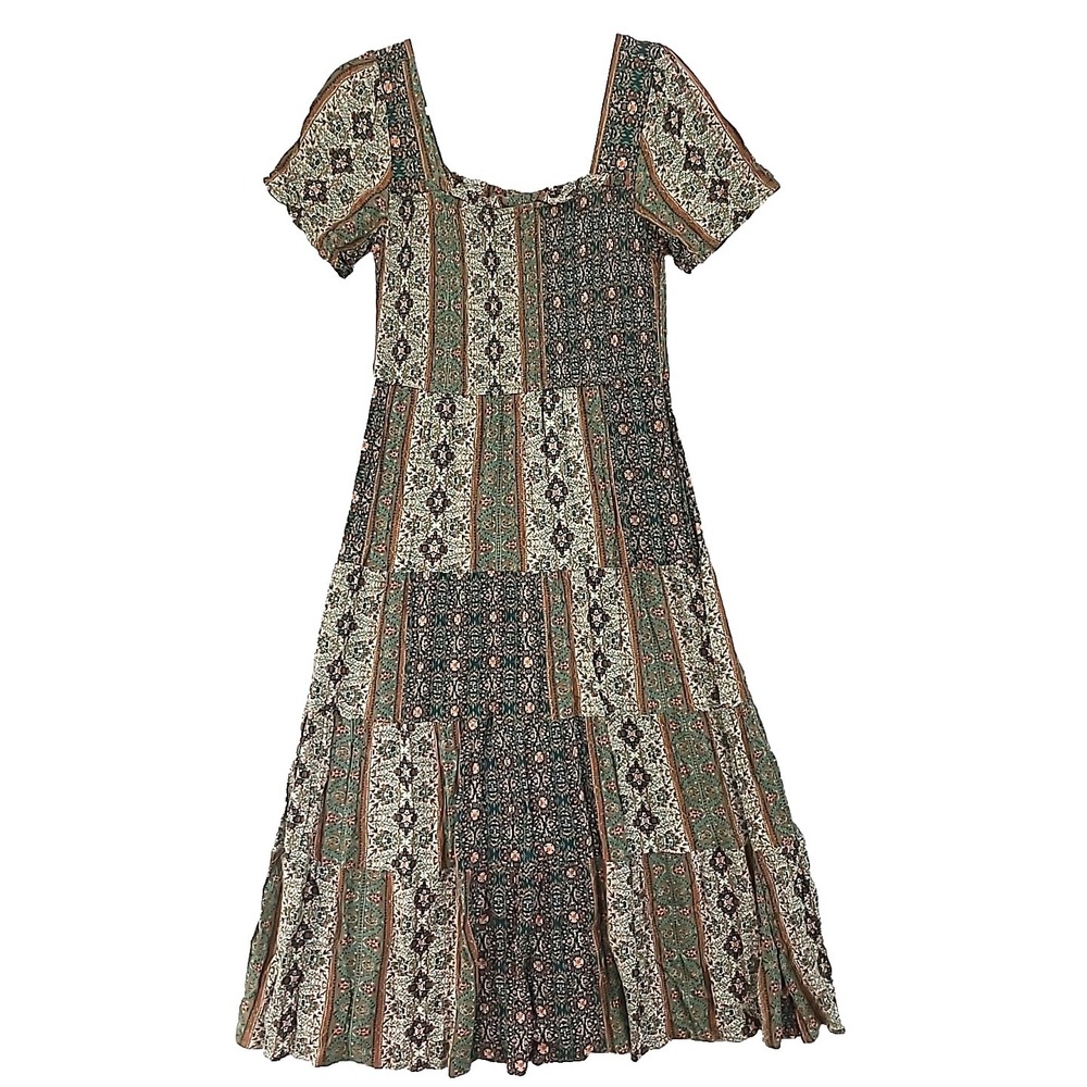 APRICOT Tiered Patchwork Dress Smocked Top Sz 10 Maxi